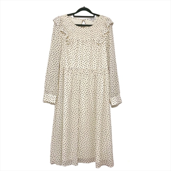 Madewell Midi Dress Georgette Smocked Ruffle Shoulder Inkbrush Dots Size M - Picture 3 of 15
